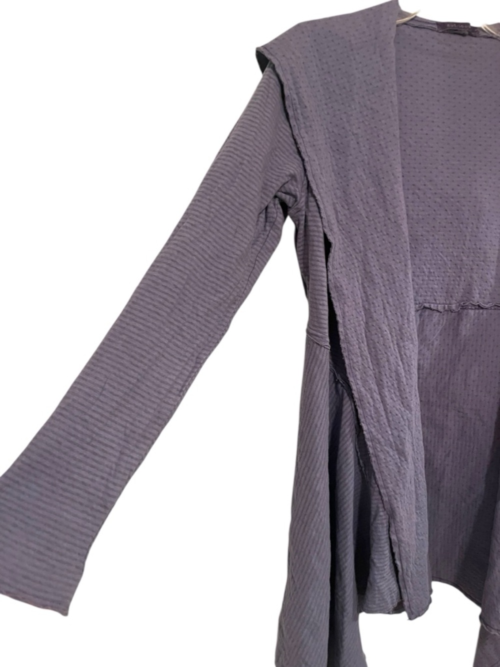 Cut Loose Hooded Jacket Shawl Collar Textured Stripe and Dot Fabric Long Line - Picture 3 of 9